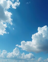 Aufkleber - Vibrant blue sky covered with white fluffy clouds. Cumulus clouds float in the atmosphere. Beautiful weather day at outdoors. Air, nature background, cloudscape, day, sunlight, no people.