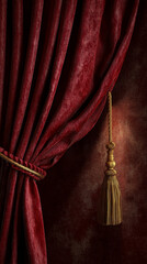 Poster - Red velvet curtain with gold tassel, partially drawn back revealing a dark background, suggesting a stage or theatrical setting, ideal for presentation or luxury branding