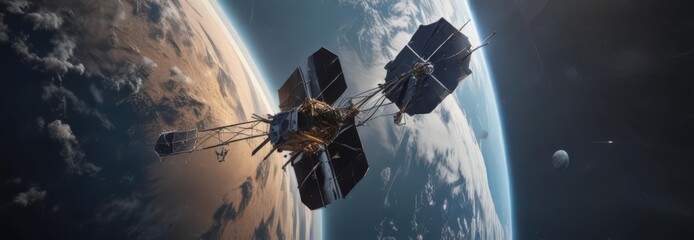 Wall Mural - high-tech satellite orbiting earth, broadcasting internet access , connection, telescope, wireless
