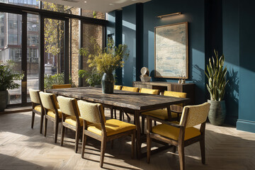 Poster - Sunny dining room interior, showcasing a long wooden table with yellow chairs, plants, and artwork.  Modern design, ideal for showcasing restaurant or home decor