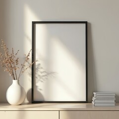 Aufkleber - Minimalist interior mockup featuring poster frame leaning on wooden shelf. Vase with dried flowers books near frame. Natural light creates shadows on the wall. Home decor.