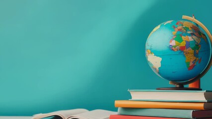Poster - A globe sits atop a stack of books against a teal background, an open book at the bottom. The image evokes the atmosphere of education, study, and geographical learning.