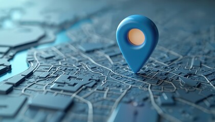 Poster - 3D illustration of location pin over detailed map. Navigation, destination, travel, GPS tracking concept. Locator mark, place marker on map. Application interface element, road, city plan with street