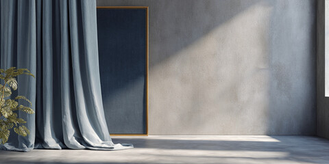 Poster - Blue curtain drapes beside a dark-blue framed canvas against a textured grey wall, creating a minimalist, modern interior scene ideal for showcasing product or artwork mockups