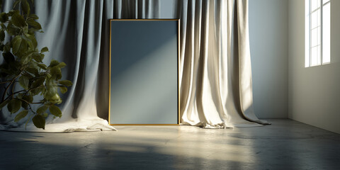 Poster - Large blank frame with gold border stands between beige curtains on concrete floor Sunlight illuminates scene creating minimalist interior mockup