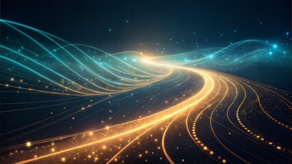 Poster - Abstract digital landscape of glowing lines and particles in a dark background