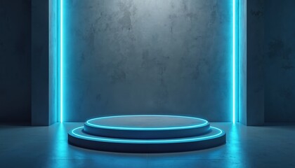 Poster - Empty podium illuminated neon lights in grey studio room. Circle stage with modern geometric design. Display stand product presentation background. Advertising space showcase showroom.