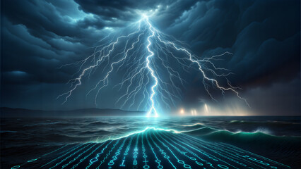 Digital Ocean under stormy skies with binary code waves and lightning