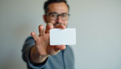 Aufkleber - Man displaying blank card against simple background  