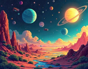 Aufkleber - Retro comic style outer space illustration with colourful planets, swirling galaxies, futuristic spacecraft. Intergalactic adventure, dreamy landscape, fantasy art, space travel concept.