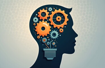 Poster - Silhouette head with gears cogs symbolizing idea business technology synergy. Light bulb inside head shape, brain thinking. Tech, innovation, engineering solutions concept.