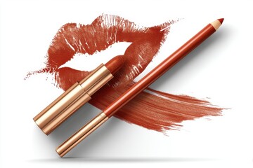 Poster - Elegant lipstick and lip pencil on a white background, presented with a kiss print, showcasing makeup products for beauty and cosmetics, featuring a rich, warm tone.