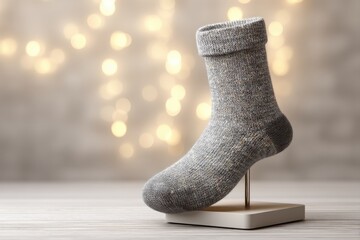 Poster - Cozy gray wool sock displayed on a minimalist stand against a backdrop of softly glowing bokeh lights, evoking warmth and comfort in a homely setting.