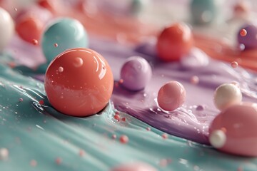 Poster - A captivating close-up shot of colorful spheres suspended in swirling pastel paint, creating a dynamic and visually appealing abstract background, macro photography.