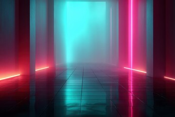 Poster - Futuristic corridor with neon lights, creating a glowing ambiance and mysterious atmosphere, highlighting the contrast between the blue and pink tones.