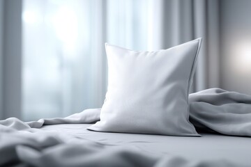 Poster - A minimalist bedroom scene featuring a crisp white pillow resting on a soft, gray bed, bathed in gentle natural light streaming through sheer curtains, creating a peaceful atmosphere.