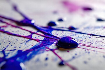 Poster - Macro shot of vibrant blue and purple ink droplets on textured white paper, creating a dynamic and artistic abstract pattern with soft background depth.