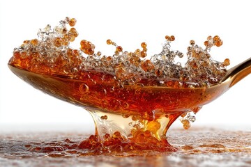 Poster - A close-up view capturing a golden spoon filled with splashing liquid creating dynamic bubbles and droplets on a white background, showcasing movement.