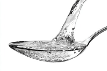 Poster - Captivating close-up of crystal clear water being poured into a stainless steel ladle, creating a mesmerizing display of motion and purity against a stark white backdrop.