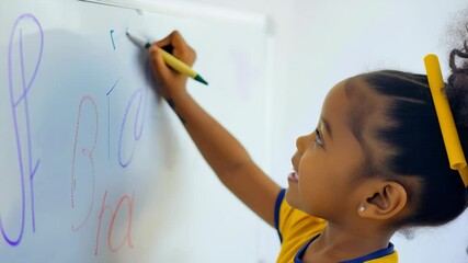 Poster - A smiling young girl draws with a marker on a whiteboard, expressing creativity and joy in a learning environment. Focus on education, child development and early education.