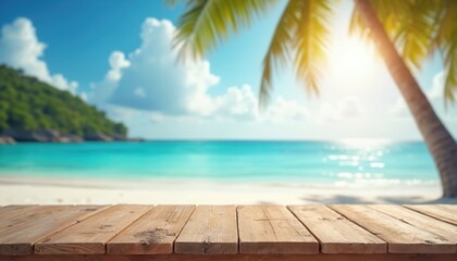 Poster - Summer beach scene with wooden table foreground for product placement, advertising. Sandy shore sea water. Sun shines palm tree on tropical vacation. Blue sky copy space background ideal travel,