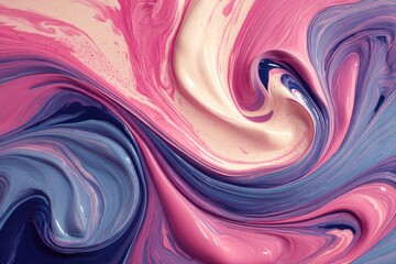 Poster - Abstract swirls of pink, white and blue paint create a dynamic and artistic pattern, showcasing smooth textures and vibrant colors for modern design aesthetics.