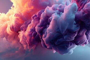 Poster - An abstract illustration featuring a complex blend of pink, purple and orange smoke, creating a mesmerizing and ethereal cloud-like formations in a soft light environment.