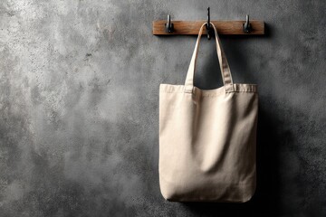 Poster - Beige tote bag made of natural canvas hanging on a hanger against a gray wall, showing simplicity and eco-friendliness with ample copy space to the left for text overlay.