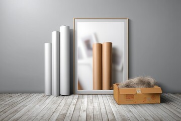 Poster - Modern interior design with rolls of paper, picture frame, and cardboard box against a gray wall and rustic wooden floorboards creating a minimalist and artistic scene.