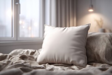 Poster - A minimalist bedroom scene featuring a soft, white pillow resting on a textured bedspread, bathed in gentle light filtering through the window, creating a serene ambiance.