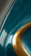 Poster - Abstract image of teal and gold glossy curves, creating a modern and elegant design showcasing free space for text or logo, ideal for branding or website banner