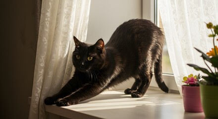 Naklejka na meble Elegant black cat gracefully stretches on a sunlit windowsill, exuding feline charm and tranquility against a backdrop of sheer curtains.