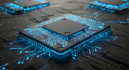 Poster - A close-up of a computer chip with glowing blue traces, representing advanced technology, innovation, and digital communication.