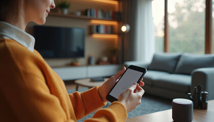 Poster - Woman uses smartphone controlling smart speaker in modern living room. Smart home control device concept. Digital tech, home automation, voice assistant. Wireless connection, ai, internet of things,