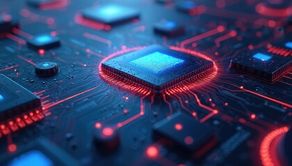Aufkleber - Abstract digital background showcasing glowing blue red elements. Circles represent data connections on computer chips network in high-tech style. Modern digital tech, AI.