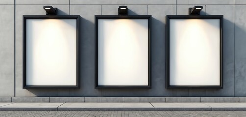 Aufkleber - Three blank outdoor billboards side by side for advertising. Whiteboard advertising space on wall. Front view, mockup product presentation. Promotion poster, store advertisement on street background,