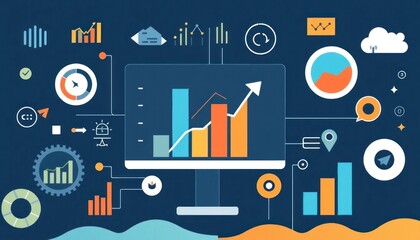Conceptual data analytics interface with chart, diagrams, and connected symbols for market development and investment strategy
