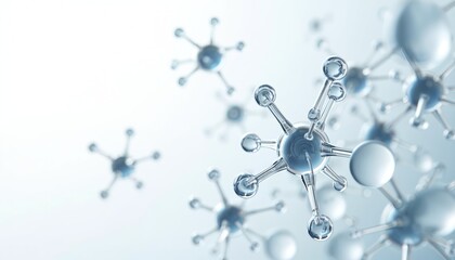 Poster - Scientific representation of molecules and atoms. Abstract 3D illustration on white. Chemistry, biology, physics, healthcare concept. Structure bond connection and research.