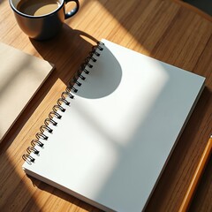 Aufkleber - Workspace with open notebook, pencil coffee cup on wooden table. Perfect for business branding, planning, creative writing or blogging. Morning routine, simple design for work concept.