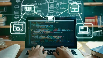 Leinwandbilder - A person is actively typing on a laptop displaying code, while digital icons float above the screen, connecting to chalkboard drawings behind, suggesting a learning or research environment.