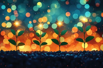 Poster - Illuminated seedlings sprout in a vibrant nighttime scene.