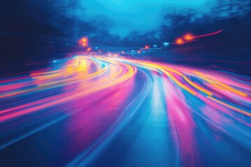 Poster - Vibrant, colorful highway at night with streaks of light.