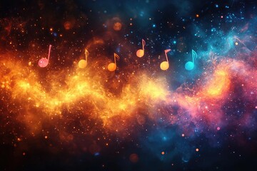 Poster - Colorful musical notes float through a vibrant cosmic nebula.