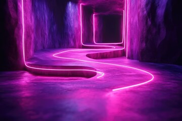 Poster - abstract neon light corridor design in a dark space.