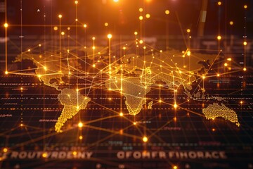 Fototapete - Global network connections overlaid on a world map.