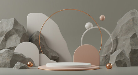 Aufkleber - A minimalist presentation stage with geometric shapes and rock formations in soft pastel colors