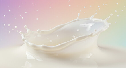 Poster - A close up view of a milk splash with droplets on a pastel colored background surface studio shot