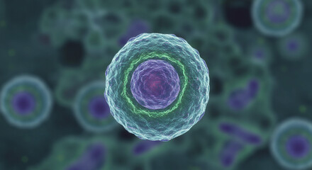 Poster - Microscopic view of cells with purple nucleus and blue cytoplasm in a dark green background