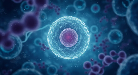 Poster - A detailed microscopic view of cells floating in a blue liquid with a central nucleus visible
