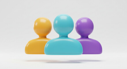 Poster - Three stylized figures in yellow blue and purple standing on a white surface with a white background